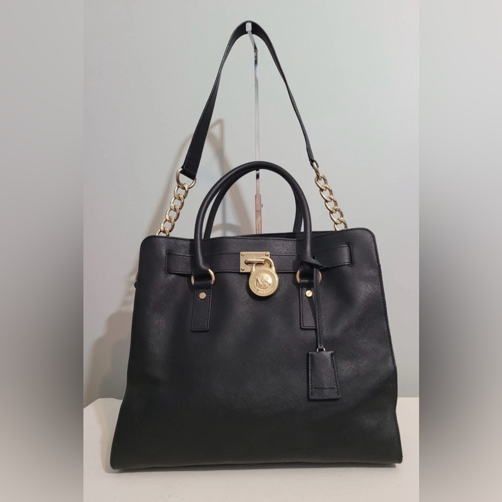 MICHAEL Michael Kors Hamilton North South Black Leather Satchel Tote Bag